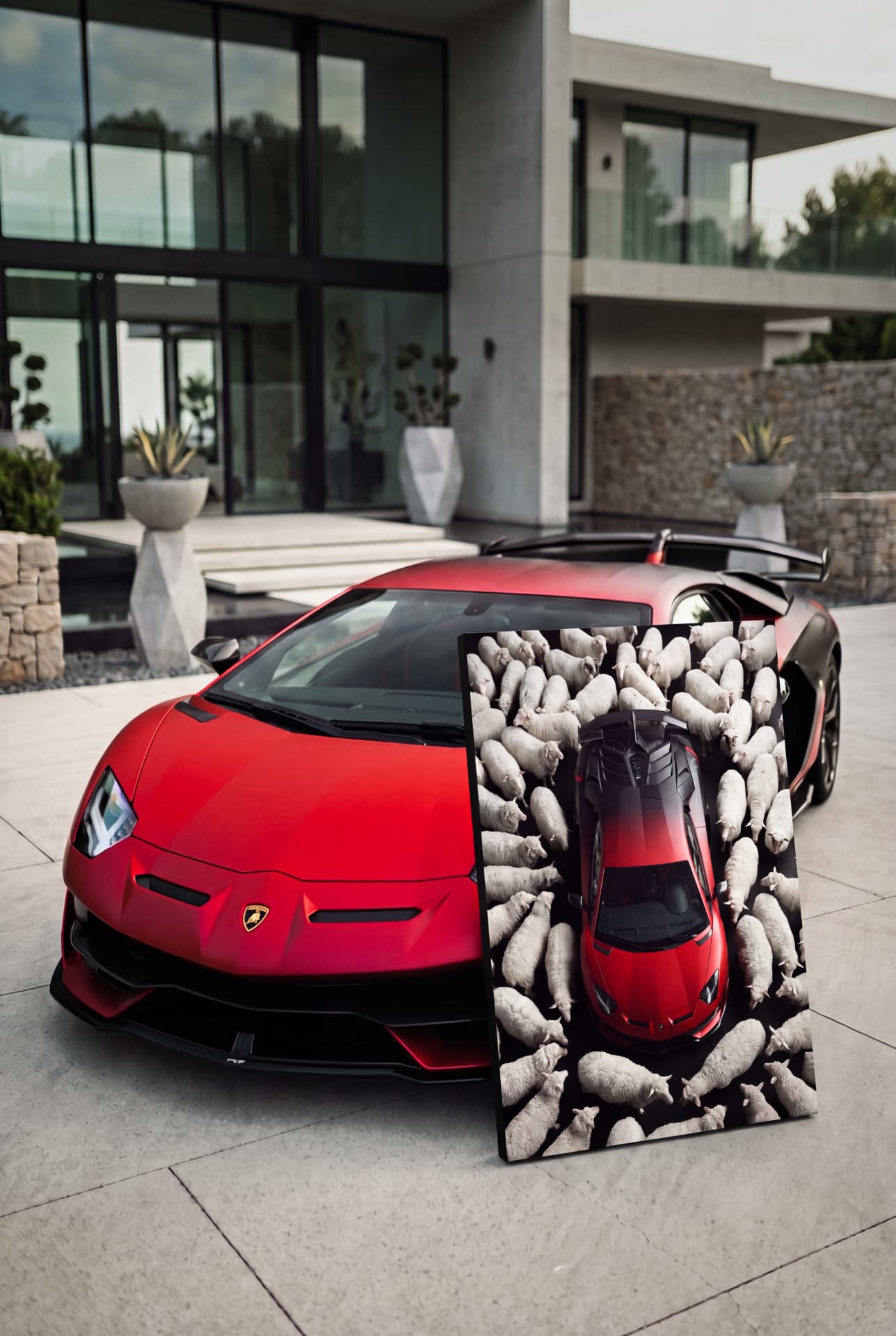 A custom car canvas commission leaning against the car it depicts